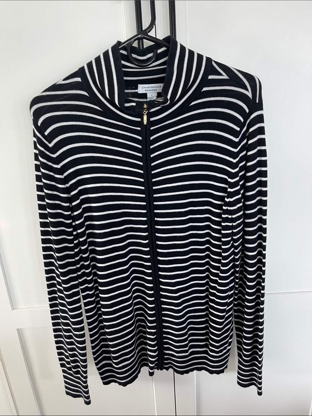 Charter Club Women’s Black and White Striped Zip Cardigan